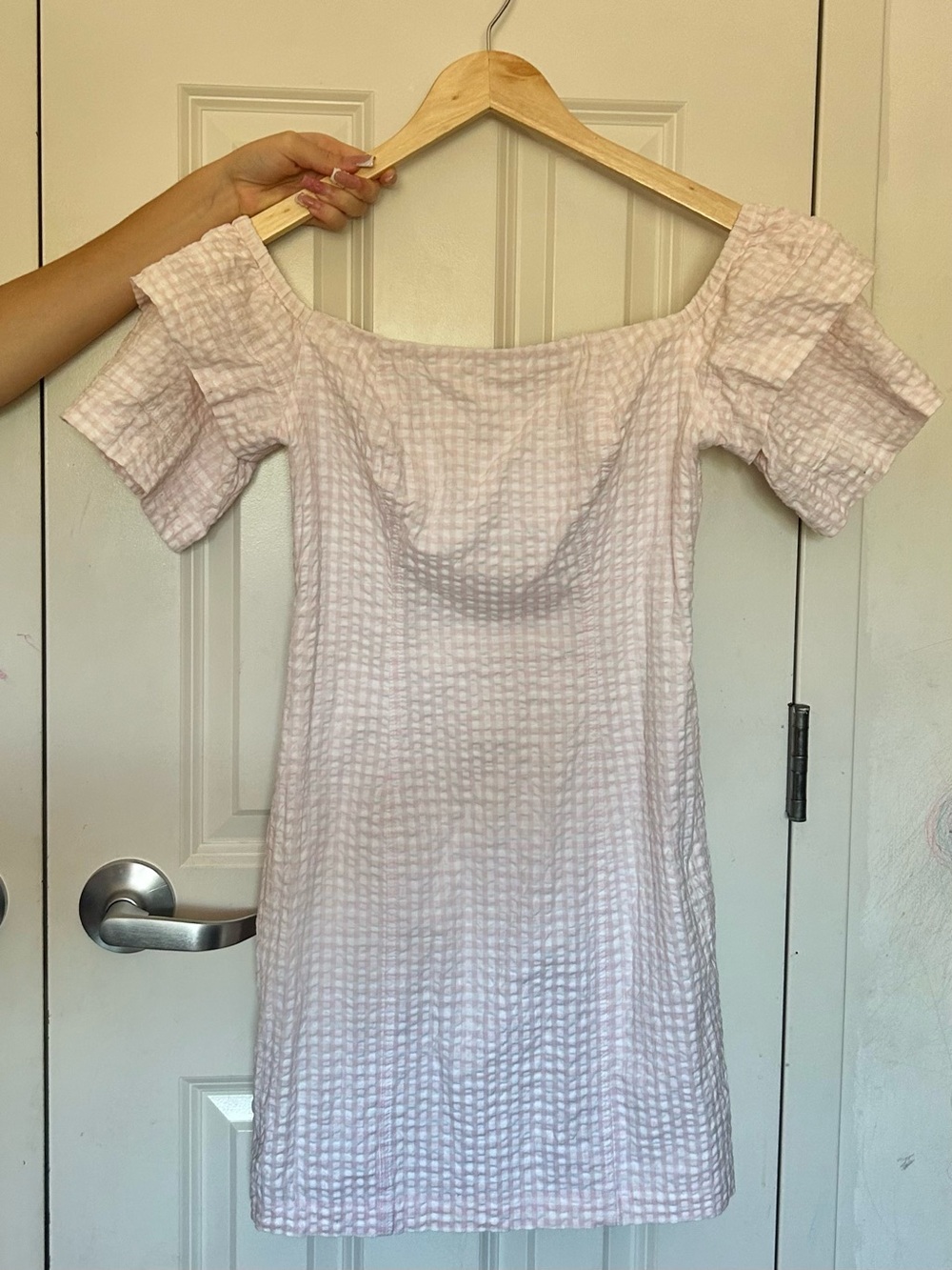 Guess Pink Off-Shoulder Seersucker Mini Dress